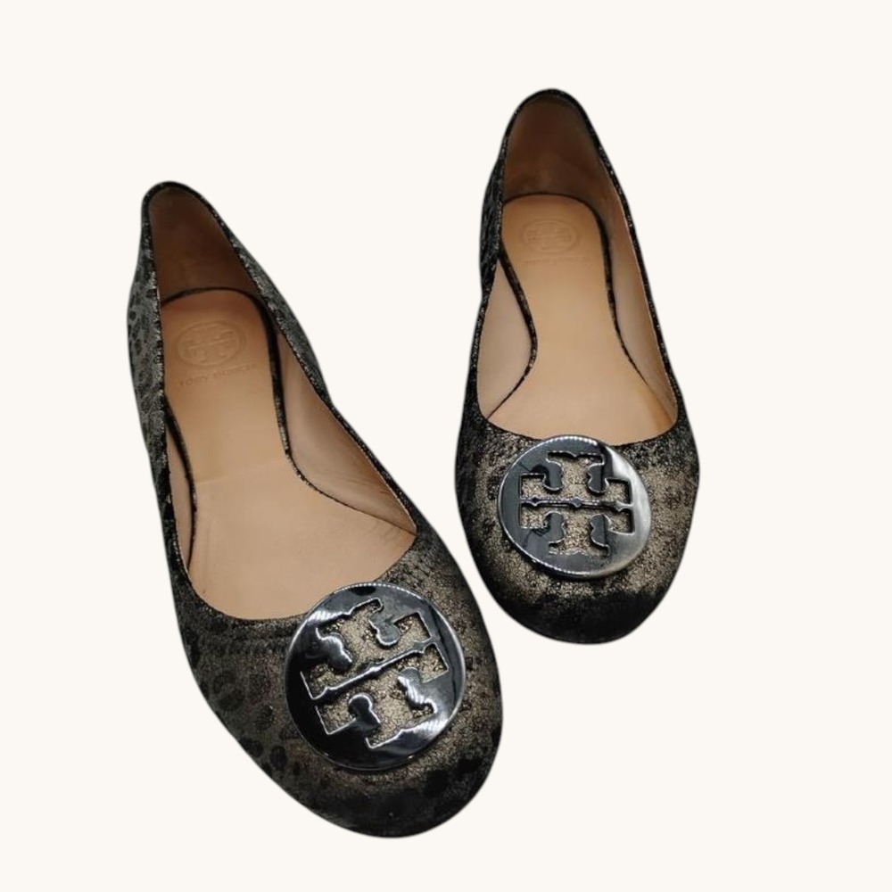 Tory Burch‎ Ballet Flats Luisa Anthracite Print Metallic Logo Women's Size 8M
